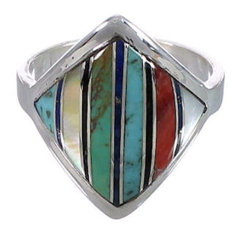 Southwestern Sterling Silver Multicolor Inlay Ring Size 6-1/2 UX34374